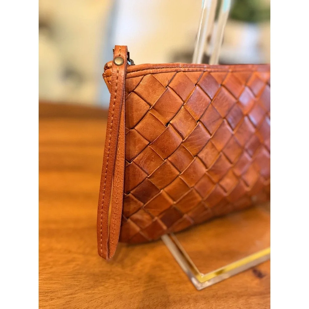 Vilenca Holland Woven Leather Wristlet Pouch Cognac Brown Boho Clutch Bag
